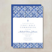 Elegant Cross Blue Tiles Boy First Communion Einladung