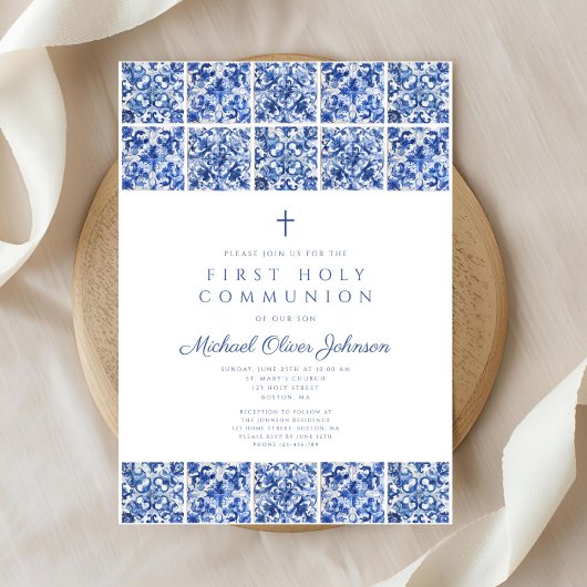 Elegant Cross Blue Tiles Boy First Communion Einladung