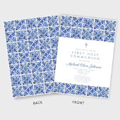 Elegant Cross Blue Tiles Boy First Communion Einladung