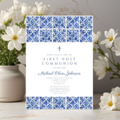 Elegant Cross Blue Tiles Boy First Communion Einladung