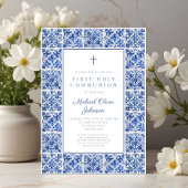 Elegant Cross Blue Tiles Boy First Communion Einladung