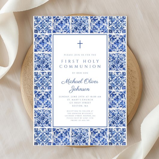 Elegant Cross Blue Tiles Boy First Communion Einladung
