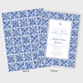 Elegant Cross Blue Tiles Boy First Communion Einladung