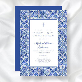 Elegant Cross Blue Tiles Boy First Communion Einladung
