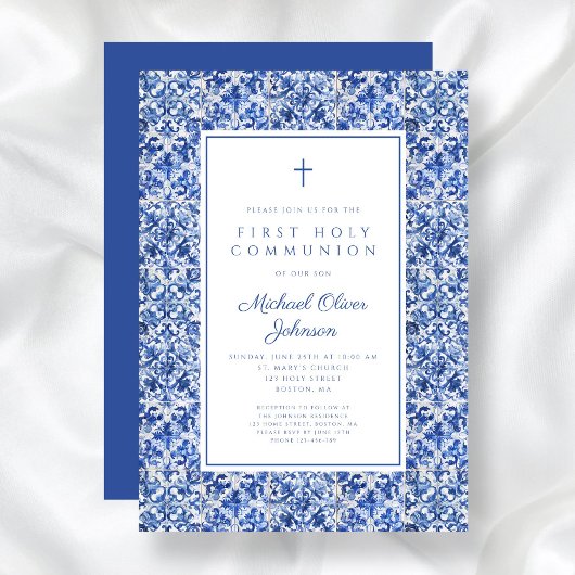 Elegant Cross Blue Tiles Boy First Communion Einladung