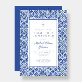 Elegant Cross Blue Tiles Boy First Communion Einladung
