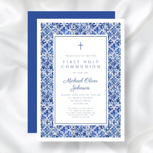 Elegant Cross Blue Tiles Boy First Communion Einladung