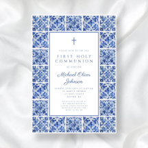 Elegant Cross Blue Tiles Boy First Communion