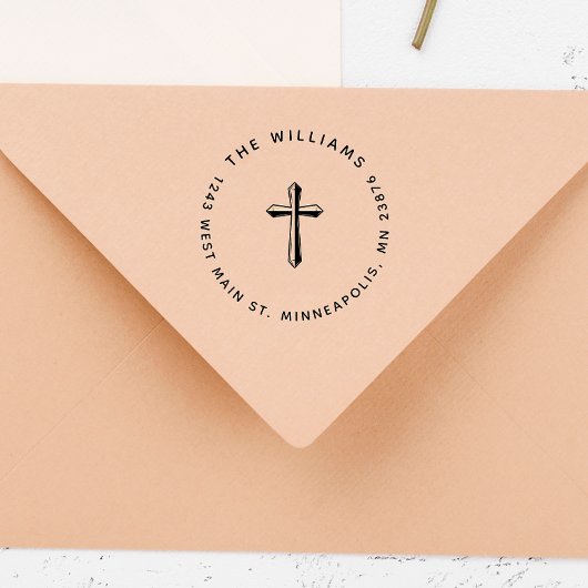 Elegant Cross Christian Family Return Address Gummistempel