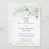 Elegant Cross Greenery Eukalyptus Baptism Einladung (Vorderseite)