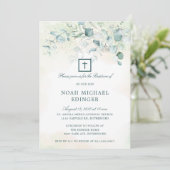 Elegant Cross Greenery Eukalyptus Baptism Einladung (Stehend Vorderseite)