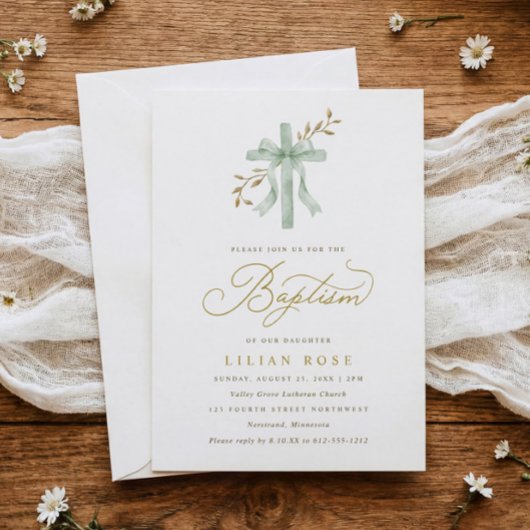 Elegant Cross Sage Bow Watercolor Greenery Baptism Einladung