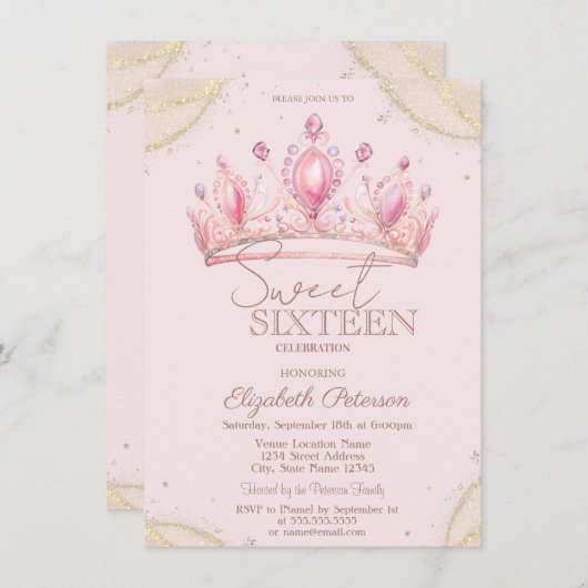 Elegant Crown Gold Glitter Corners Sweet 16 Einladung (Vorne/Hinten)