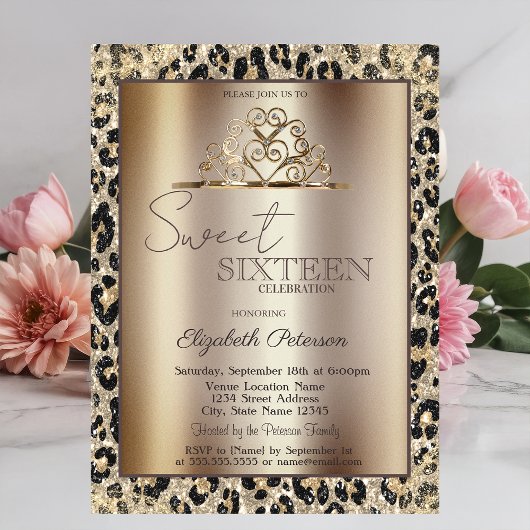 Elegant Crown Leopard Print Sweet 16   Einladung