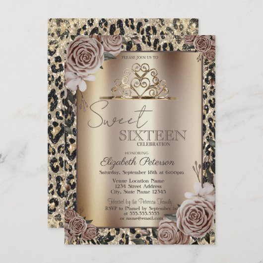 Elegant Crown Roses Leopard Print Sweet 16 Einladung (Vorne/Hinten)
