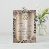 Elegant Crown Roses Leopard Print Sweet 16 Einladung (Stehend Vorderseite)