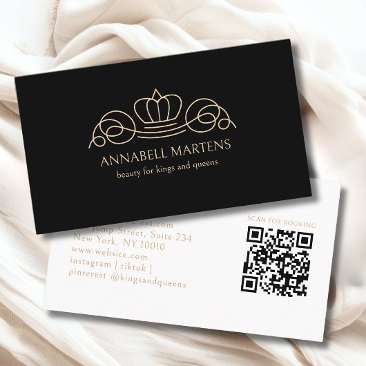 Elegant Crown Salon Black Beige QR Code Visitenkarte