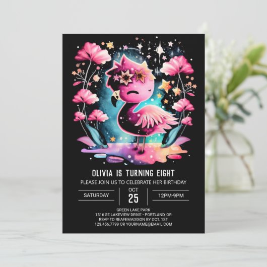 Elegant Custom Flamingo Birthday Einladung (Stehend Vorderseite)
