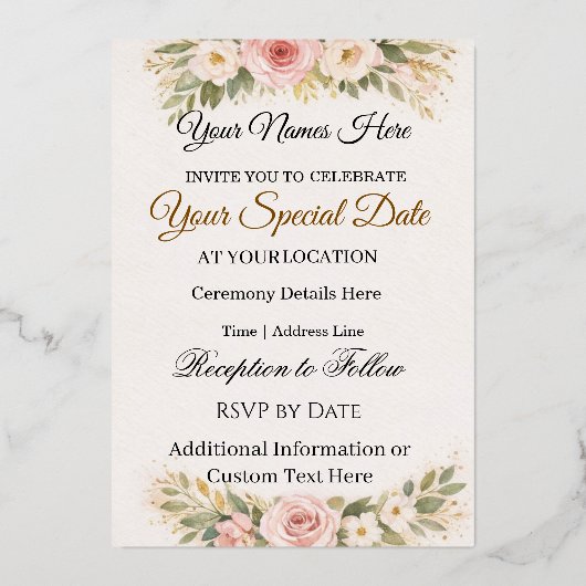 Elegant Custom Floral Wedding Invitations Design Folieneinladung (Vorderseite)