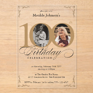 Elegant Custom Foto 100. Geburtstagsparty Acryleinladungen