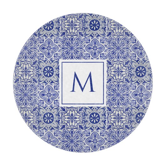 Elegant Custom Monogram Blue White Schneidebrett (Vorderseite)