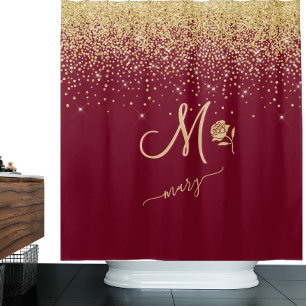 Elegant Custom Monogram Red Gold Sparkle Duschvorhang