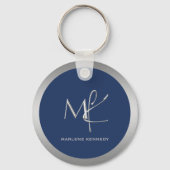 Elegant Custom Silver Monogram Navy Blue Employee Schlüsselanhänger (Vorderseite)