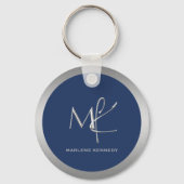 Elegant Custom Silver Monogram Navy Blue Employee Schlüsselanhänger (Rückseite)