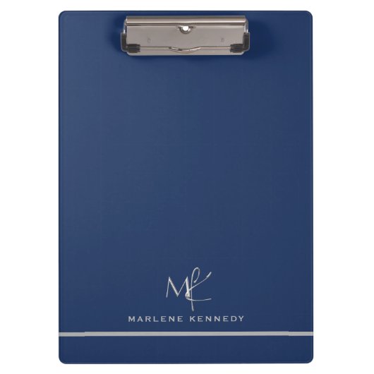 Elegant Custom Silver Monogram Navy Blue Klemmbrett (Vorderseite)