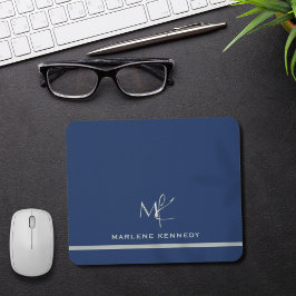 Elegant Custom Silver Monogram Navy Blue Mousepad