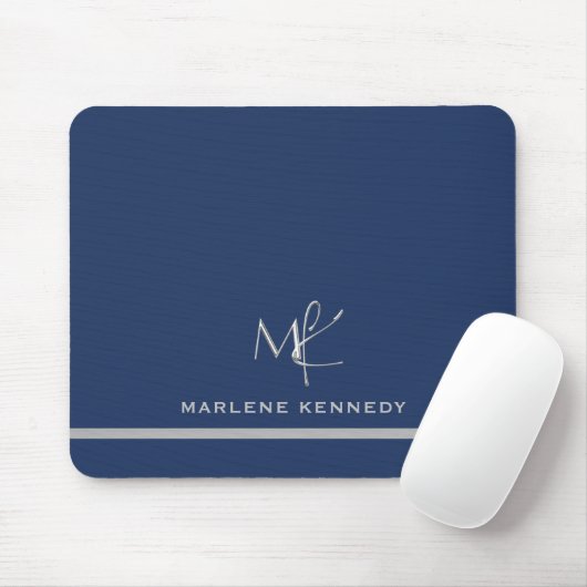 Elegant Custom Silver Monogram Navy Blue Mousepad (Mit Mouse)
