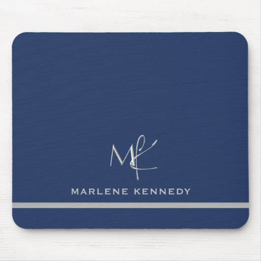 Elegant Custom Silver Monogram Navy Blue Mousepad (Vorne)