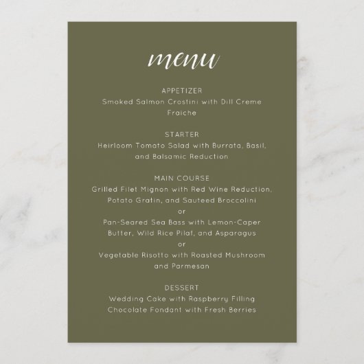 Elegant Custom Wedding Menu Template Olive Moss Menükarte (Vorderseite)