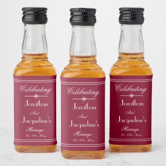 Elegant Custom Wedding Names Burgundy Mini Alkoholflaschenetikett (Flaschen)