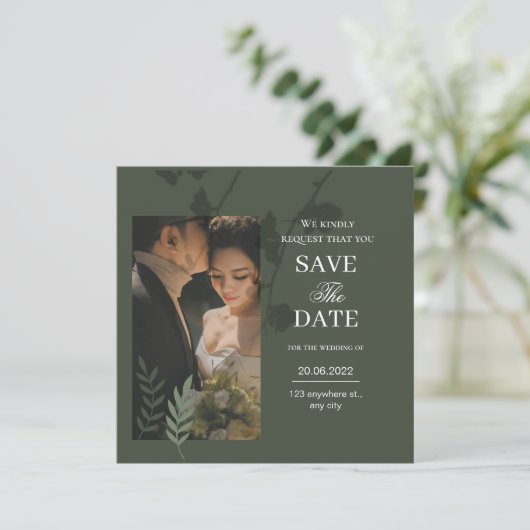 Elegant customizable olive green wedding  save the date (Stehend Vorderseite)