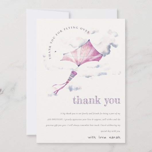 Elegant Cute Pink Flying Kite Sky Clouds Birthday Dankeskarte (Vorderseite)