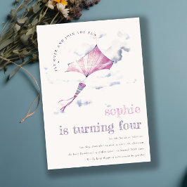 Elegant Cute Pink Flying Kite Sky Clouds Birthday Einladung