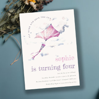 Elegant Cute Pink Flying Kite Sky Clouds Birthday Einladung