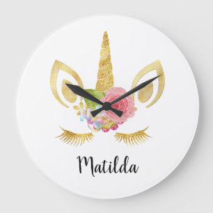 Elegant cute pretty floral gold glitter unicorn große wanduhr