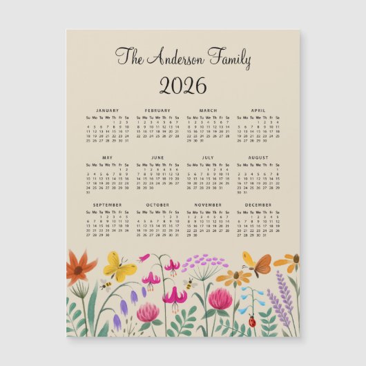 Elegant Cute Watercolor Wildflowers Calendar 2026 Magnetkarte (Vorderseite)