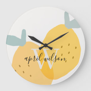 Elegant Cute Yellow Lemon Fruity Citrus Bright Große Wanduhr