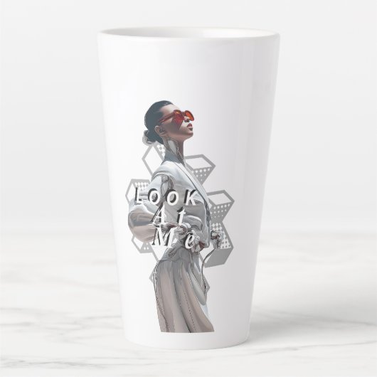 Elegant Cyborg in White Futurisistic Fashion Milchtasse (Vorderseite)