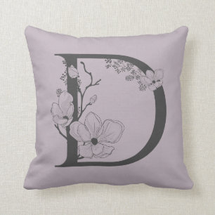 Elegant D Boho Floral Monogram Initial Lilac Gray Kissen
