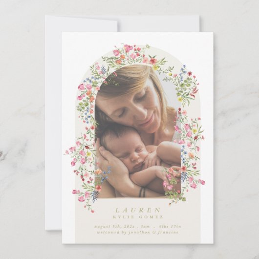 elegant dainty floral arch 4 photo our baby birth ankündigung (Vorderseite)