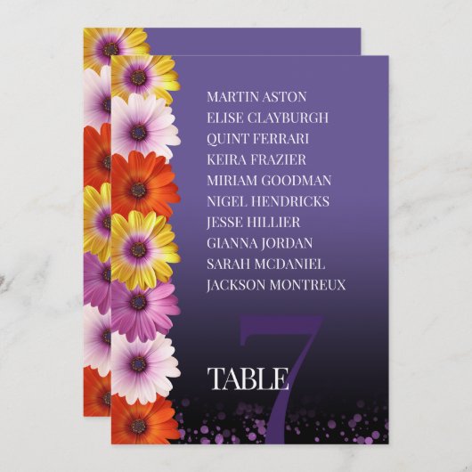 Elegant Daisies Lila Glitzer Sitzkarten Einladung (Vorne/Hinten)