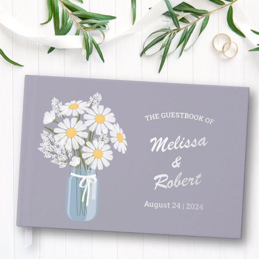 Elegant Daisies Mason Jar Wedding Foil Lavender Gästebuch