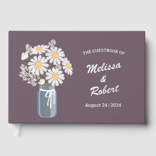 Elegant Daisies Mason Jar Wedding Foil Lila Gästebuch (Vorderseite)