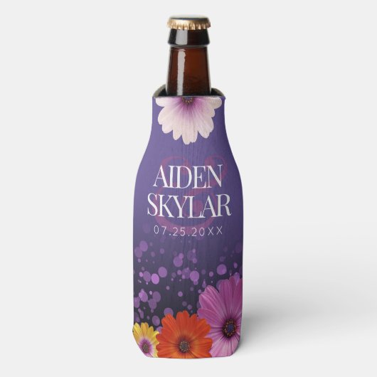 Elegant Daisies mit Lila Glitzer Hochzeit Flaschenkühler (Flaschenvorderseite)