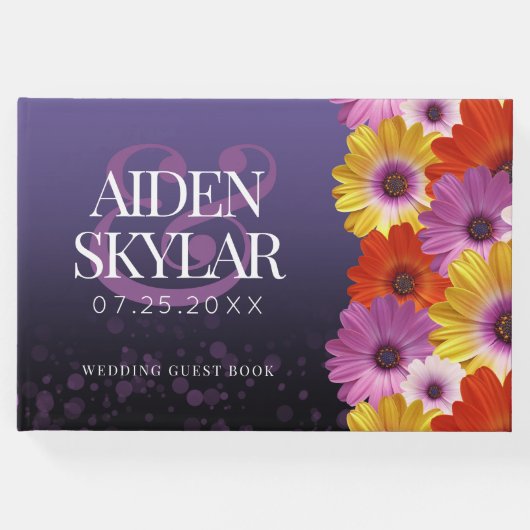 Elegant Daisies mit Lila Glitzer Hochzeit Gästebuch (Vorderseite)