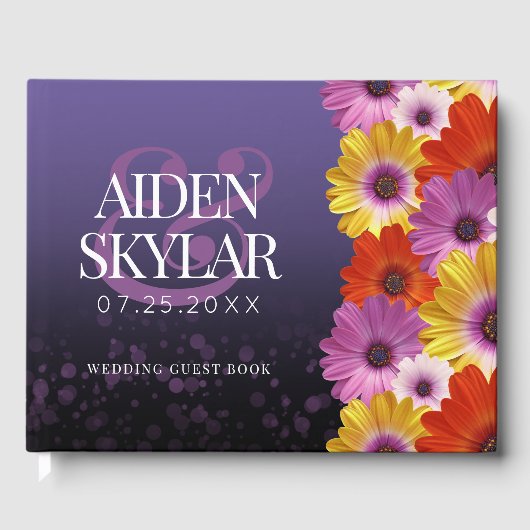 Elegant Daisies mit Lila Glitzer Hochzeit Gästebuch (Vorderseite)